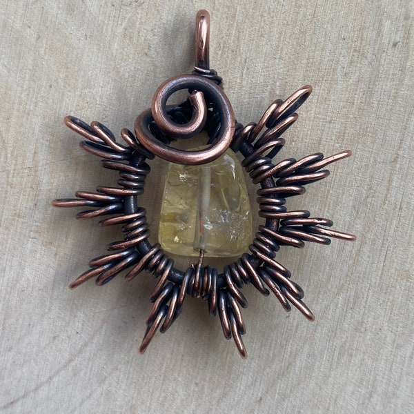 Sun Pendant Copper Wire Wrap, Citrine Crystal, Handmade Antique  Necklace