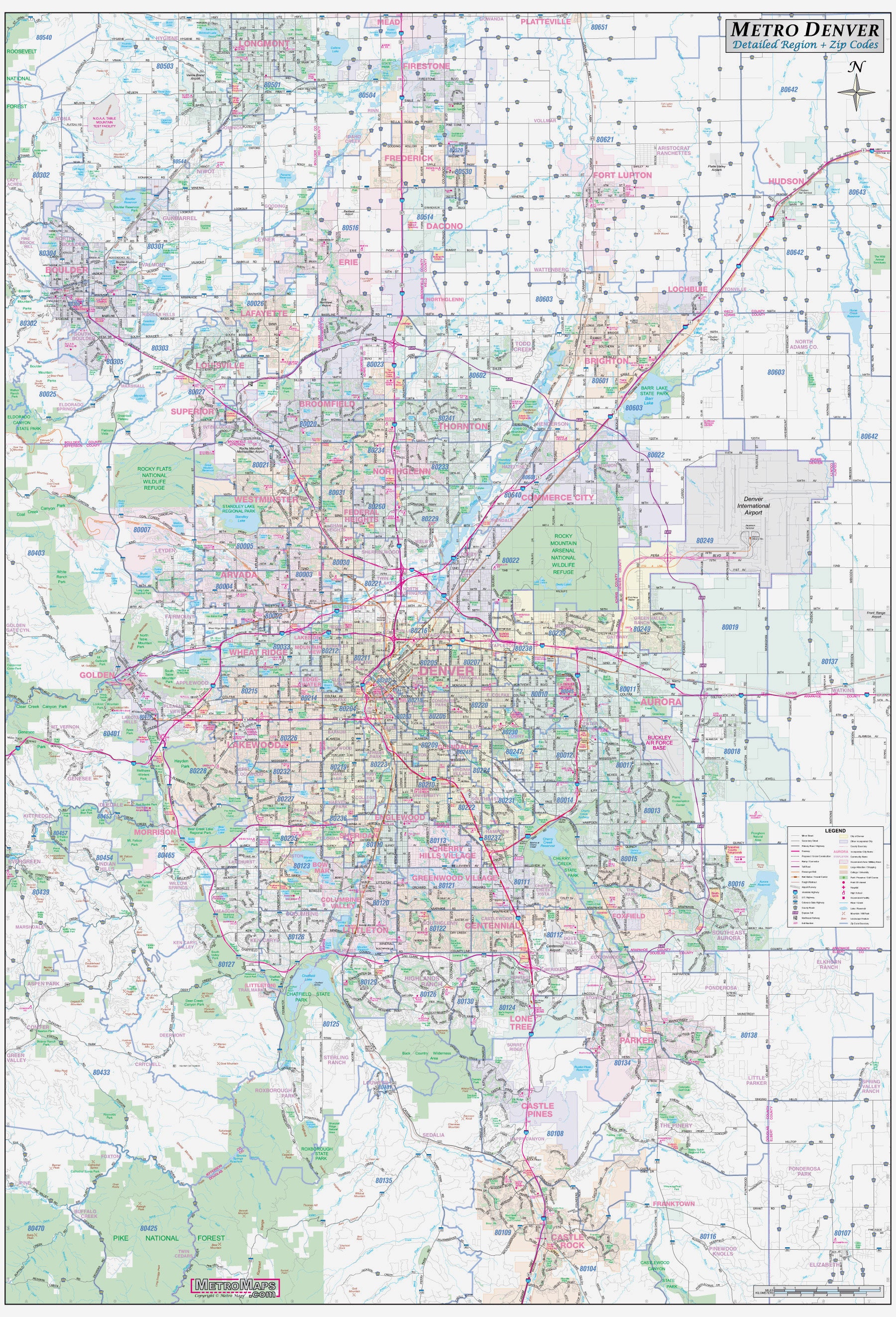 Metro Denver CO Detailed Region Wall Map W/zip Codes 2 Sizes Etsy