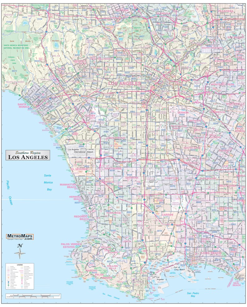 Los Angeleslong Beach Detailed Area Wall Map W/zip Codes 2 Etsy