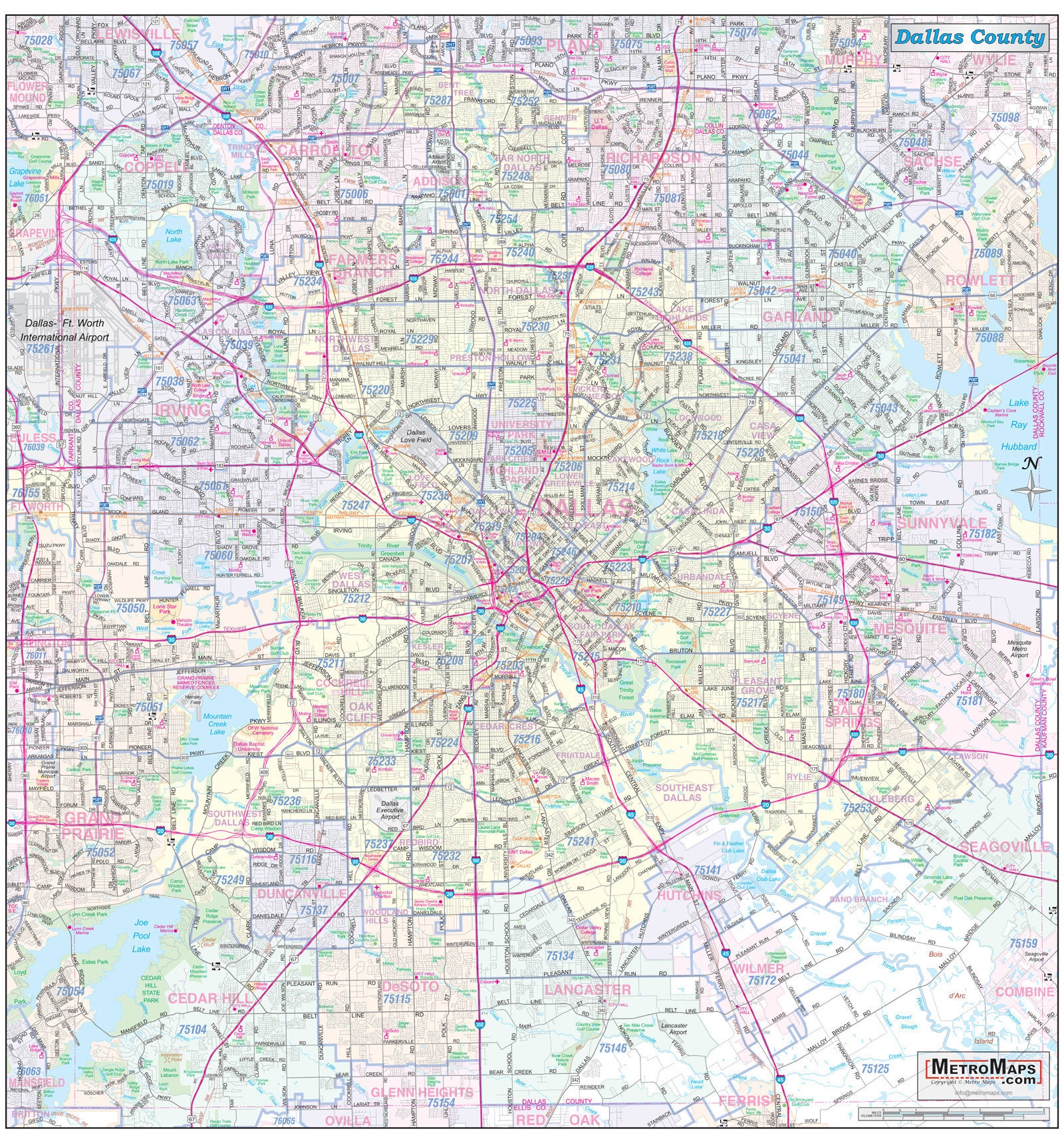 Dallas County Detailed Arterial Wall Map 36x38 W/zip Codes - Etsy