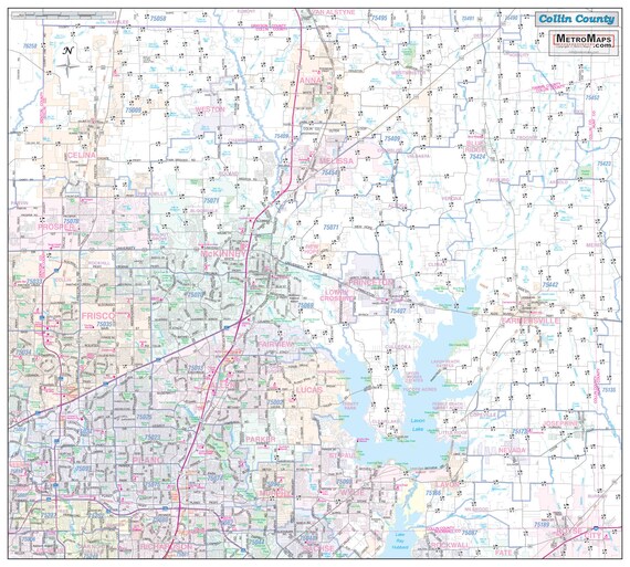 Collin County Zip Code Map Collin County Tx Detailed Arterial Wall Map | Etsy