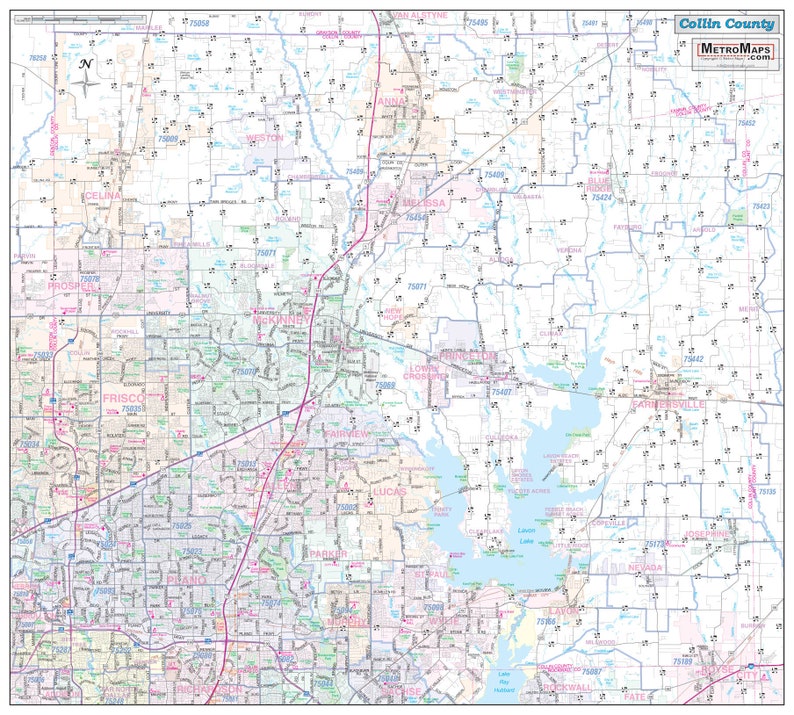 Collin County Zip Code Map Collin County Tx Detailed Arterial Wall Map | Etsy