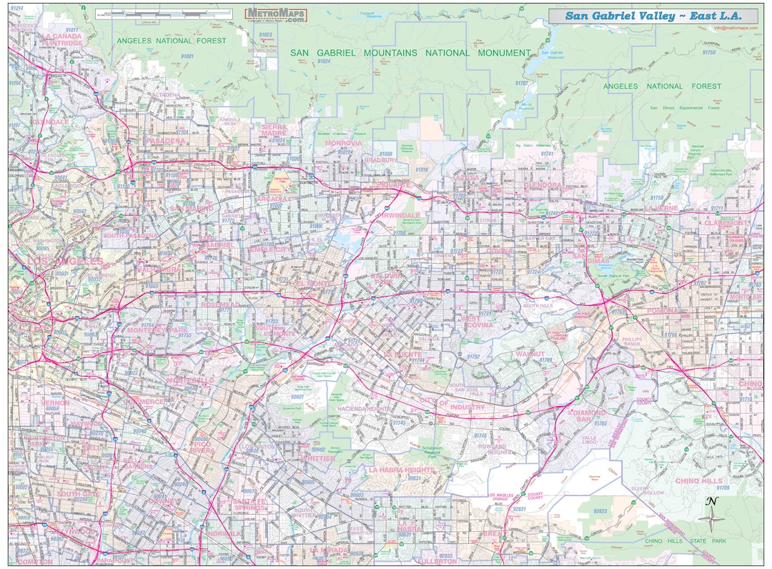 San Gabriel Valleyeast Los Angeles Vicinty Wall Map 48 X 36 W/zip