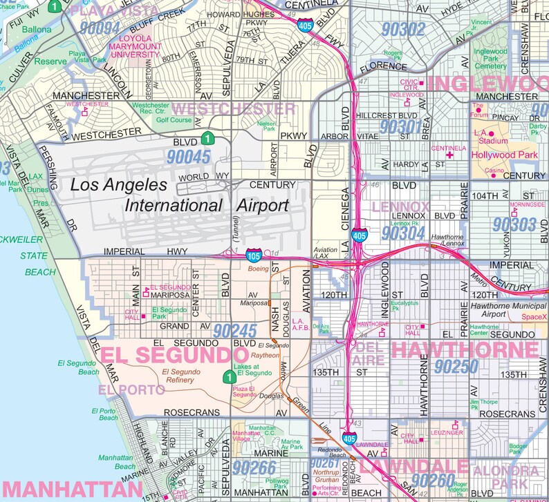 Los Angeleslong Beach Detailed Area Wall Map W/zip Codes 2 Etsy