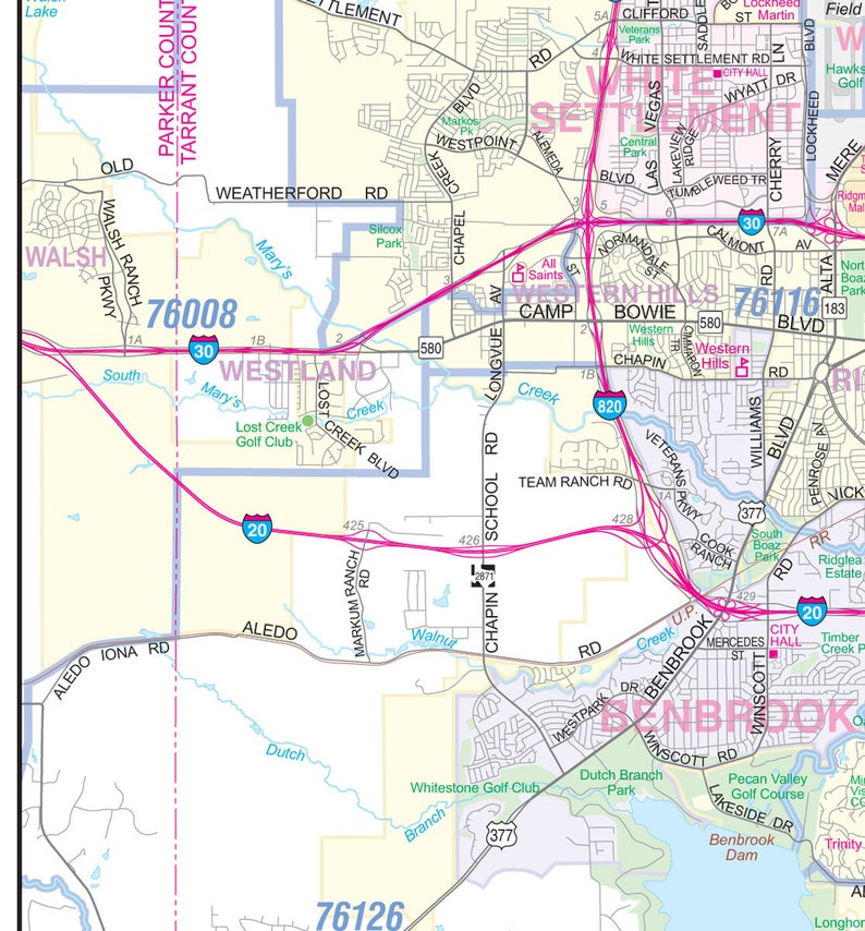 Tarrant County TX ft. Worth Detailed Arterial Wall Map 36x40 W/zip