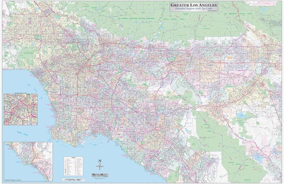 Map Of Greater Los Angeles Area Greater Los Angeles Detailed Region Wall Map - Etsy Uk