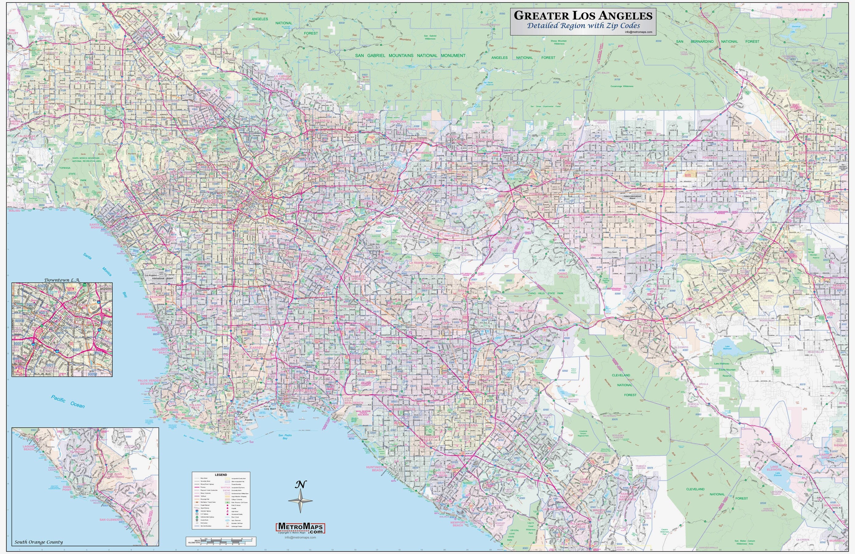 Los Angeles Area Code Map Greater Los Angeles Detailed Region Wall Map | Etsy Canada