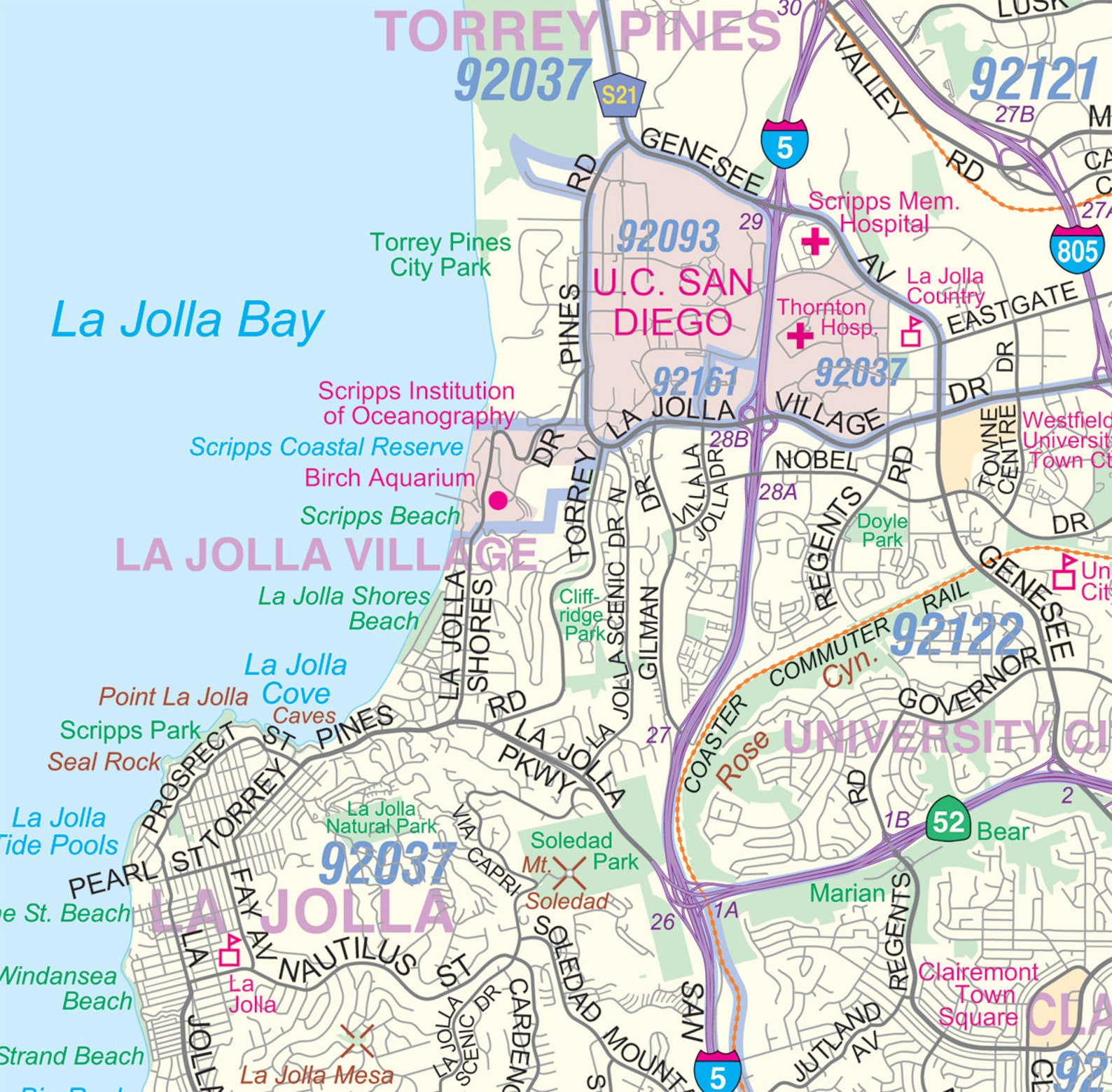 Greater San Diego, CA Detailed Region Wall Map W/zip Codes 2 Large Sizes - Etsy