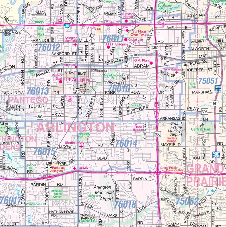 Tarrant County TX ft. Worth Detailed Arterial Wall Map 36x40 W/zip
