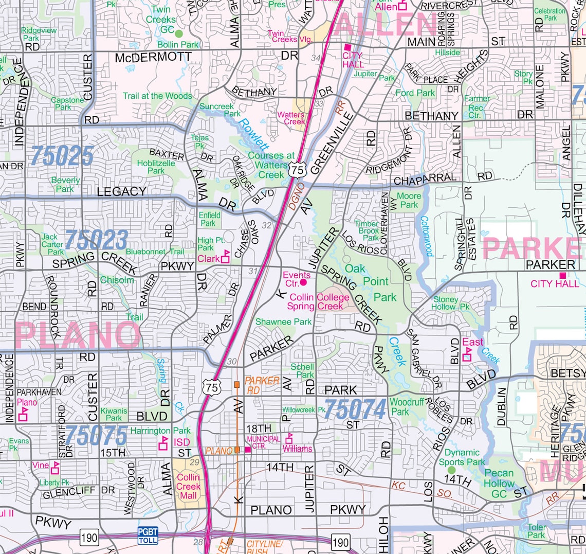 Collin County TX Detailed Arterial Wall Map 40x36 W/zip Codes Etsy