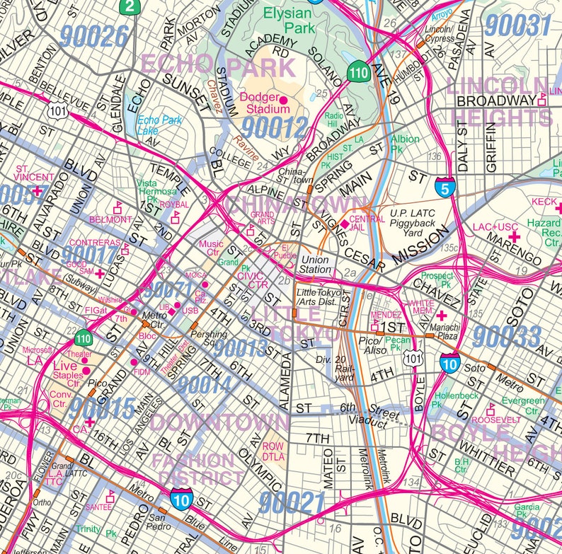 Los Angeleslong Beach Detailed Area Wall Map W/zip Codes 2 Etsy