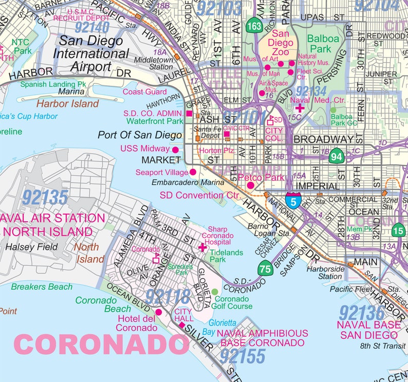 Greater San Diego, CA Detailed Region Wall Map W/zip Codes (2 Large Sizes) - Etsy