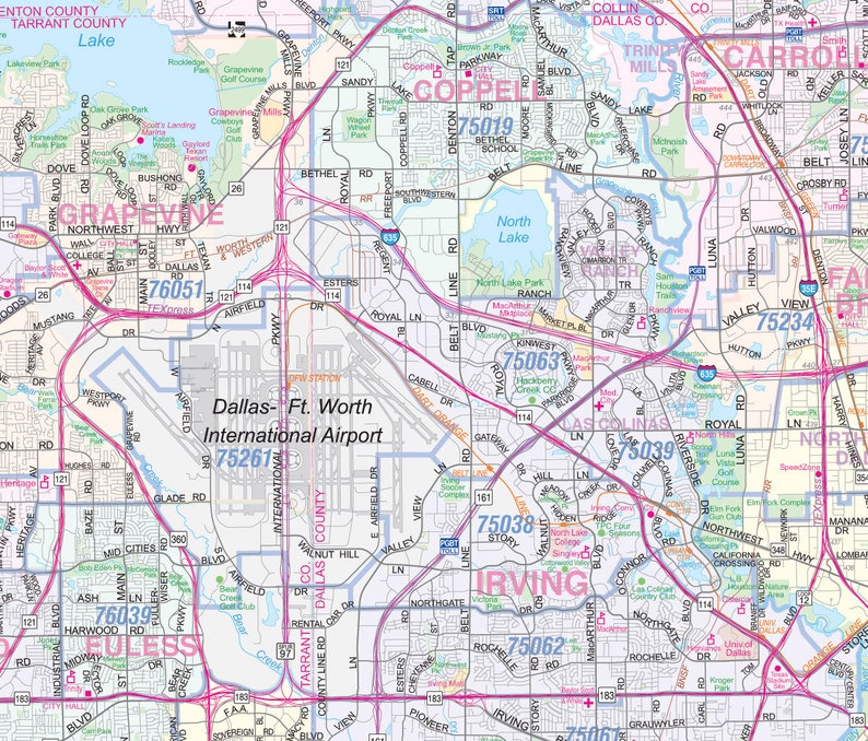 Dallas-Ft. Worth Metroplex Detailed Region Wall Map | Etsy
