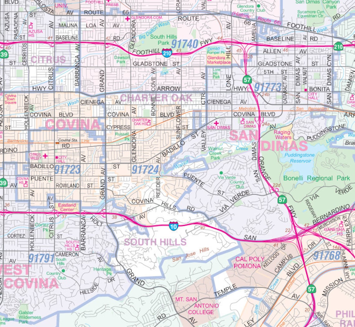 San Gabriel Valleyeast Los Angeles Vicinty Wall Map 48 X 36 W/zip