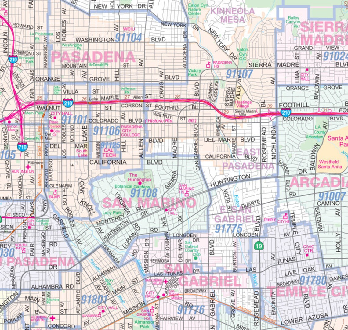 San Gabriel Valleyeast Los Angeles Vicinty Wall Map 48 X 36 W/zip