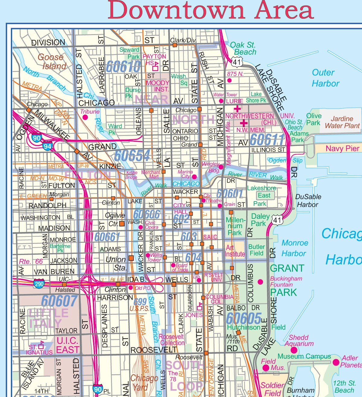 Chicago City Detailed Arterial Wall Map W/zip Codes 2 Large Sizes - Etsy