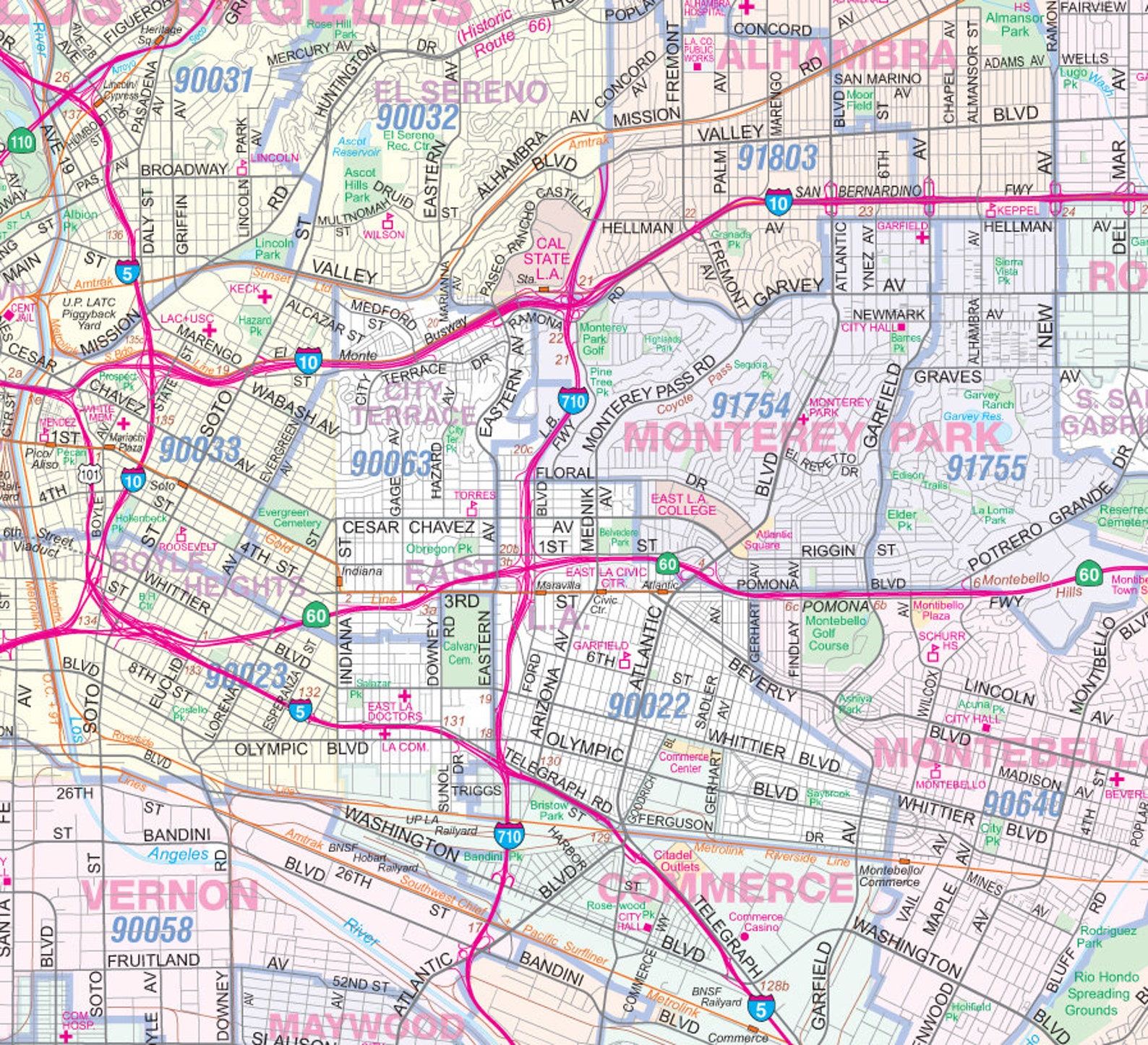 San Gabriel Valleyeast Los Angeles Vicinty Wall Map 48 X 36 W/zip