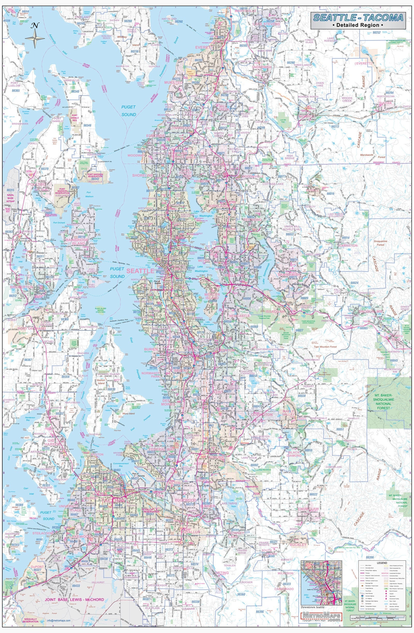 Map Of Greater Seattle Area Greater Seattle-Tacoma Detailed Region Wall Map 2 Large - Etsy Canada