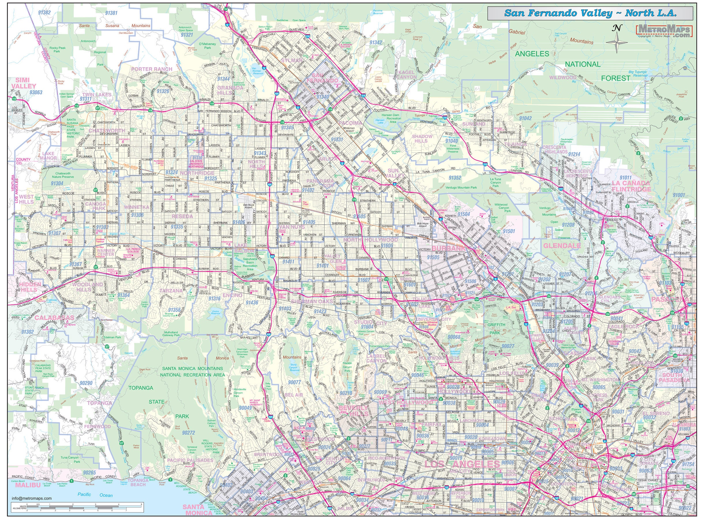 San Fernando Valleynorth Los Angeles Vicinity Wall Map 48 X 36 W/zip