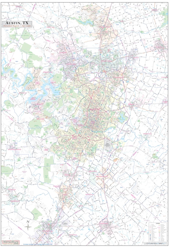 Greater Austin Tx Detailed Region Wall Map Wzip Codes 2 Etsy