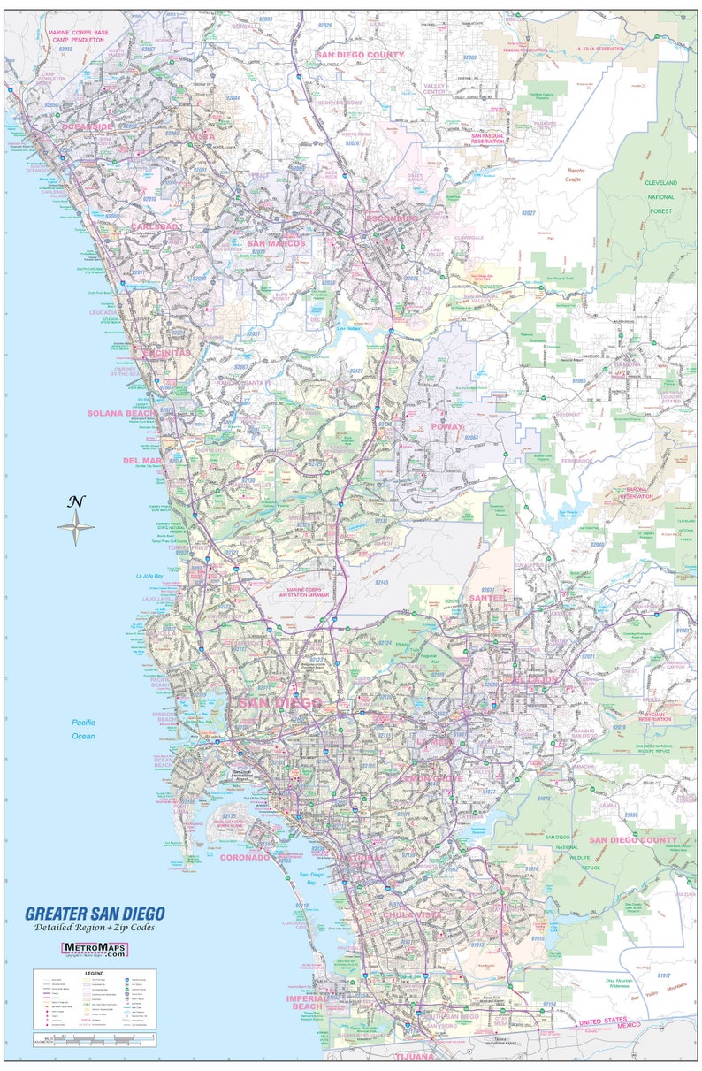 Greater San Diego Ca Detailed Region Wall Map Wzip Codes 2 Large