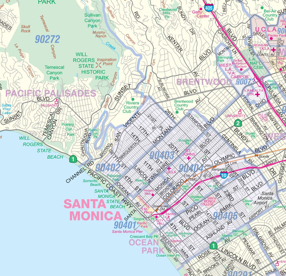 Los AngelesLong Beach Detailed Area Wall Map w/Zip Codes 2 Etsy