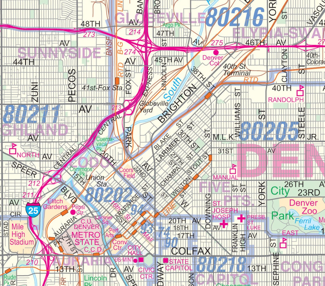 Metro Denver CO Detailed Region Wall Map W zip Codes 2 Sizes Etsy