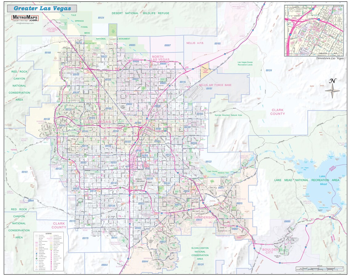 Greater Las Vegas NV Detailed Region Wall Map W/zip Codes 2 Large Sizes