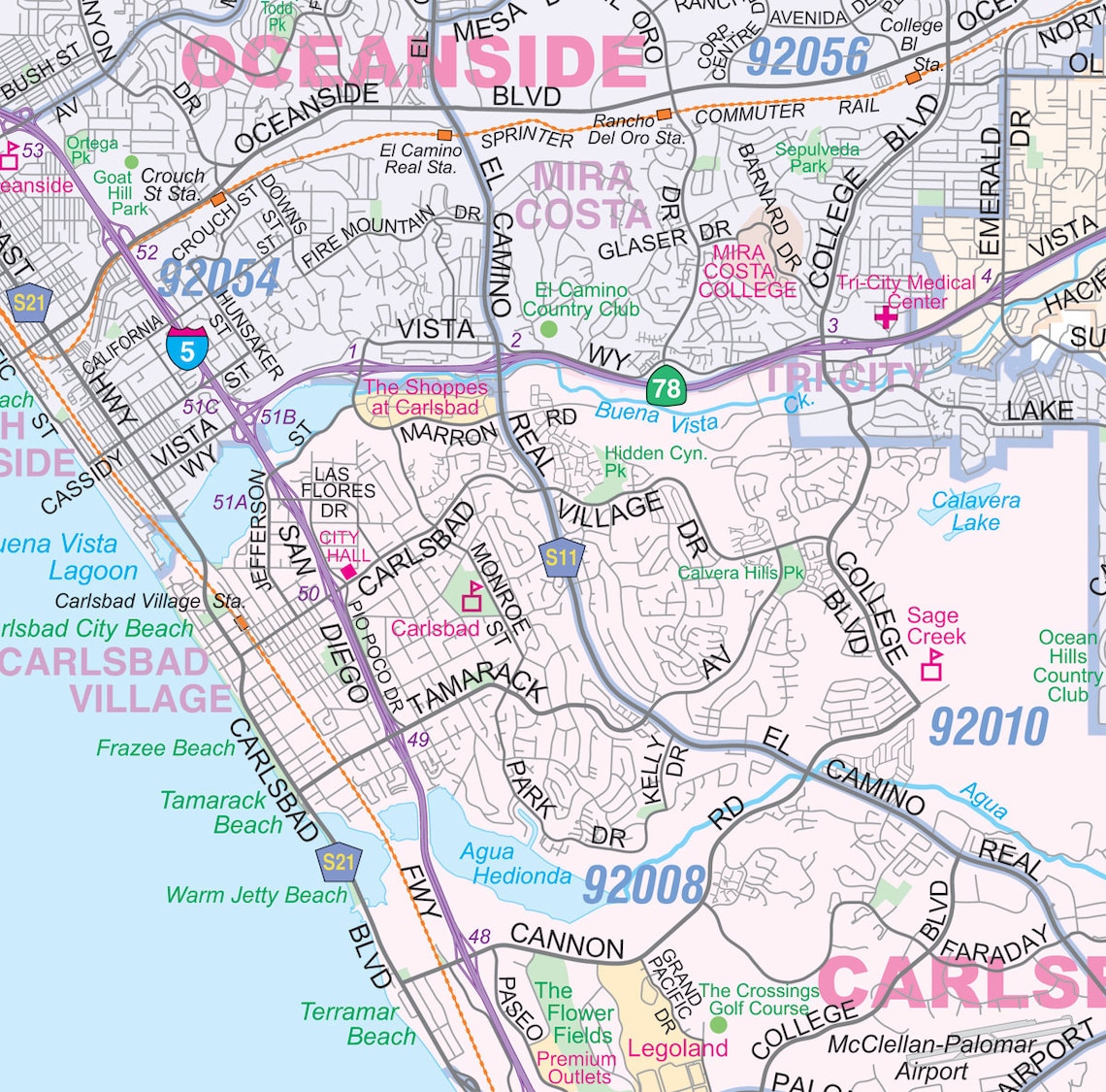 Greater San Diego, CA Detailed Region Wall Map W/zip Codes 2 Large Sizes Etsy