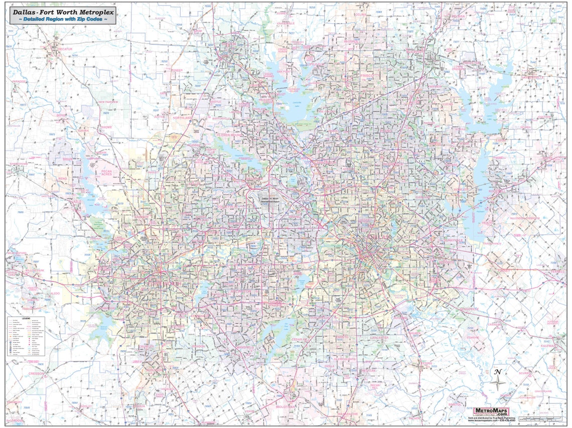 Dallas-ft. Worth Metroplex Detailed Region Wall Map 44x58 W/zip Codes ...