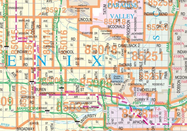 Metropolitan Phoenix Arterial Wall Map With ZIP Codes 2 Etsy