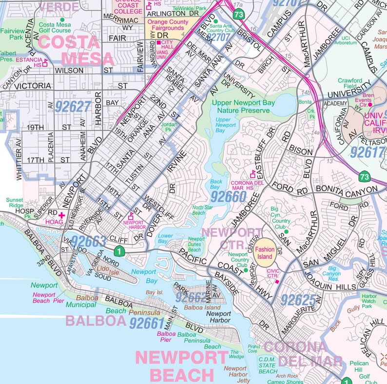 Orange County, CA Detailed Vicinty Wall Map W/zip Codes 2 Large Sizes ...