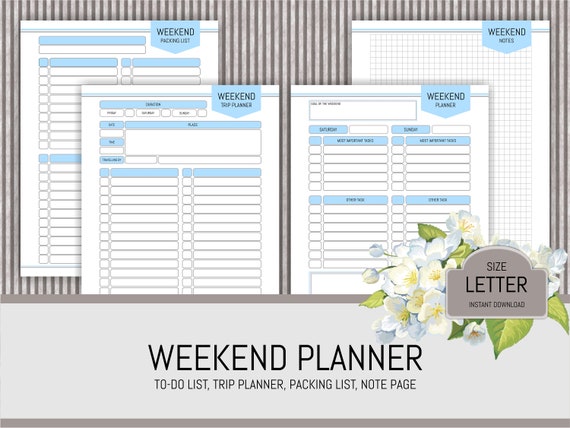 weekend planner printable packing list trip planner pdf to do list checklist week planner inserts travel journal page vocation plan printable packing list for weekend trip