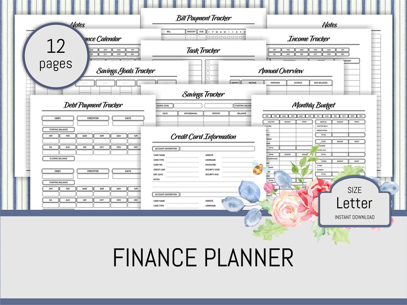 digital or printable financial planner agenda bill tracker monthly budget tracker saving journal daily home office book debt page financial advisor daily schedule