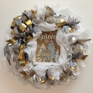 Christmas Wreath, Christmas décor, Mesh Wreath, Door Wreath, Gold & Silver Wreath, Glitter Wreath, White Wreath, Christmas Tree Wreath, Deer