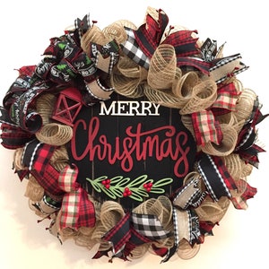 Merry Christmas Wreath, Christmas Wreath, Front Door Wreath, Farmhouse Wreath, Deco Mesh Wreath, Buffalo Plaid, Red and Black Wreath, Décor