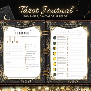 May include: Tarot journal with a black and gold cover, featuring a 3-card spread layout and a moon tarot planner. The journal includes 100 pages and over 50 tarot spreads. The cover has the text "Tarot Journal" and "100 Pages, 50+ Tarot Spreads".