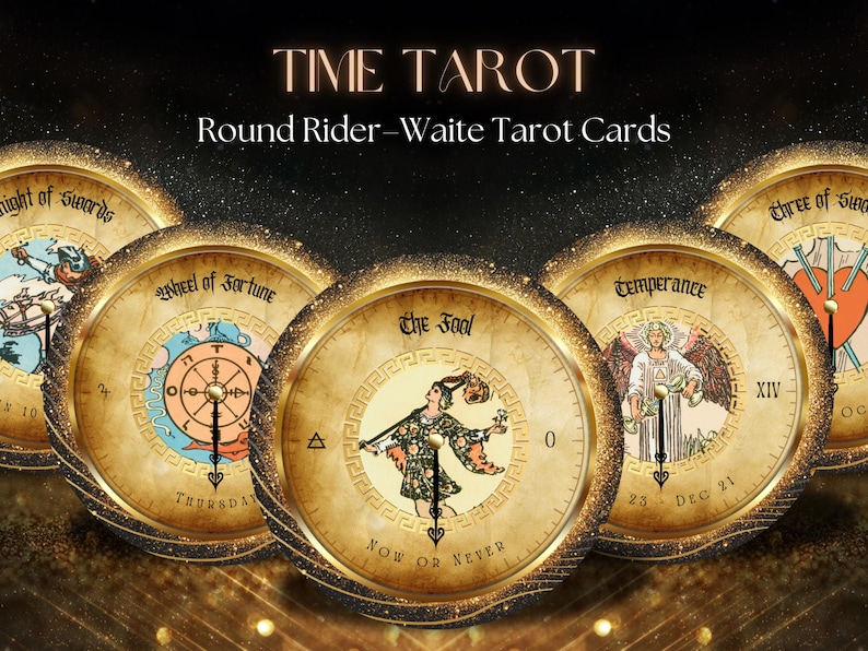 Round astrology timing tarot deck with gold color design, Golden Dawn based circular tarot cards for time readings