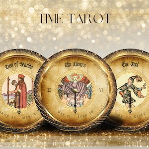 May include: Three round clocks with tarot card illustrations. The clocks feature the Two of Wands, The Lovers, and The Fool cards. Each clock has a gold frame and a vintage-style face with Roman numerals and text.