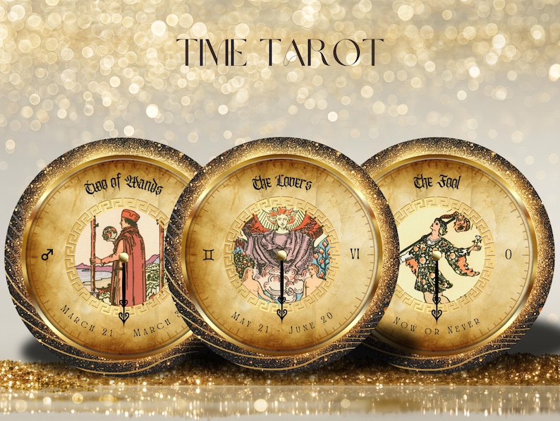 May include: Three round clocks with tarot card illustrations. The clocks feature the Two of Wands, The Lovers, and The Fool cards. Each clock has a gold frame and a vintage-style face with Roman numerals and text.