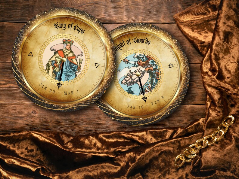 May include: Two decorative round wall art pieces featuring tarot card designs. One depicts the "King of Cups" and the other the "Knight of Swords." Both have a gold border and are set against a wooden background.