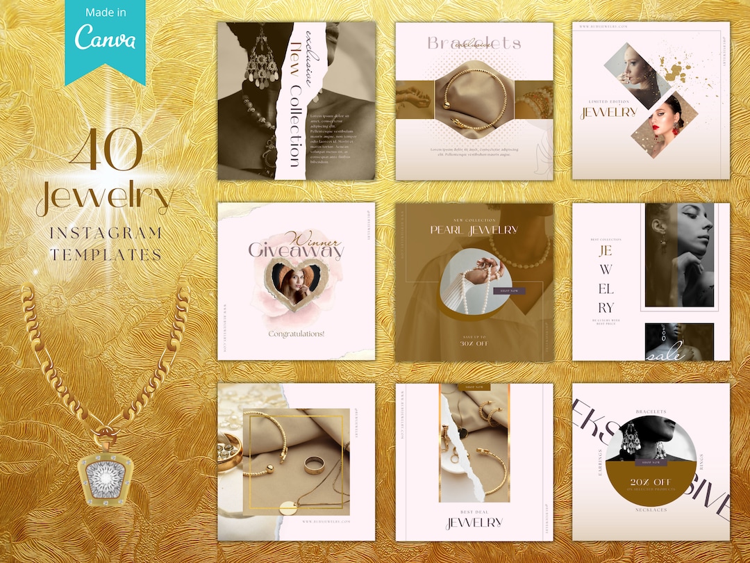Gold Jewelry Instagram Templates, Canva Social Media Post Designs - Etsy