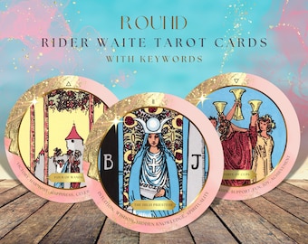 Round Tarot Cards with Keywords, Pink & Gold Circle Tarot Deck for Beginners, Rider Waite