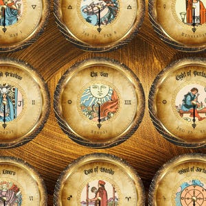 May include: A collection of decorative clock faces with tarot card illustrations. Each clock features a different card, such as "The Sun" and "The High Priestess," with Roman numerals and dates. The clocks have a gold-colored frame and a dark background.