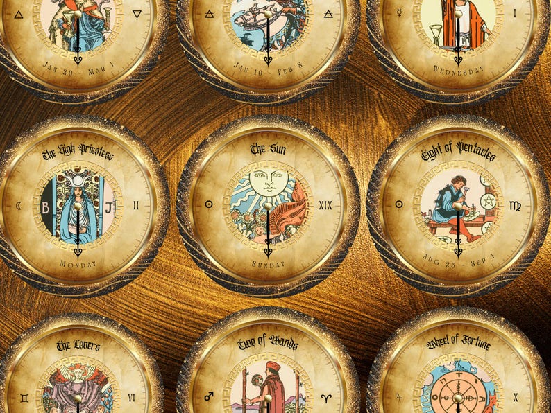 May include: A collection of decorative clock faces with tarot card illustrations. Each clock features a different card, such as "The Sun" and "The High Priestess," with Roman numerals and dates. The clocks have a gold-colored frame and a dark background.