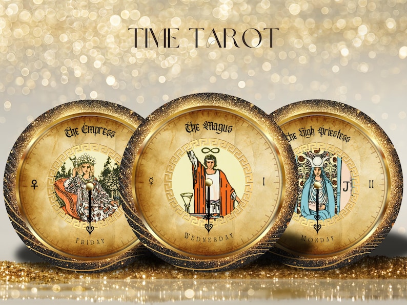 May include: Three round tarot card designs with gold trim and illustrations. The cards feature the Empress, the Magus, and the High Priestess. Each card has a clock face design with the days of the week and the time. The text "TIME TAROT" is at the top.