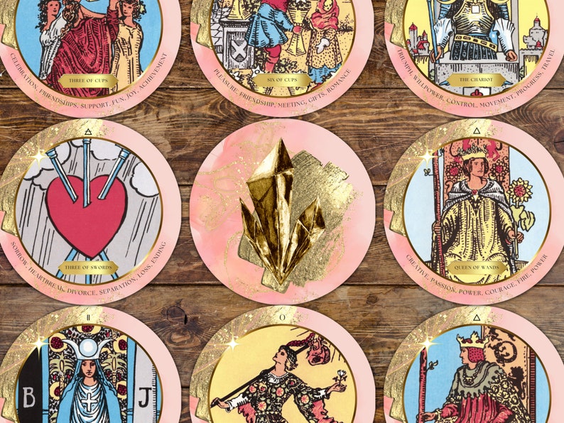 Round Tarot Cards With Keywords, Pink & Gold Circle Tarot Deck for ...