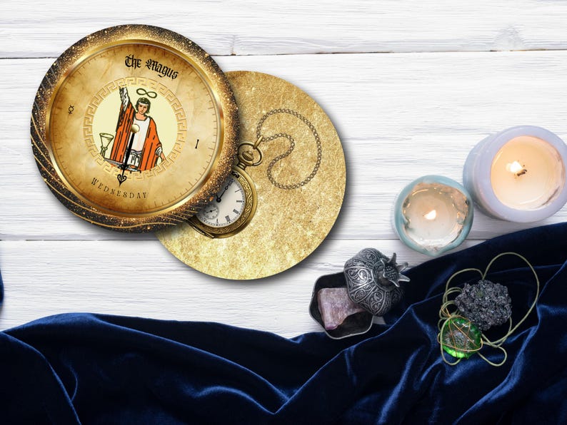 May include: A circular coaster with a tarot card design featuring "The Magus" and a pocket watch. The image includes lit candles, a velvet cloth, and decorative items. The coaster is approximately 4 inches in diameter.