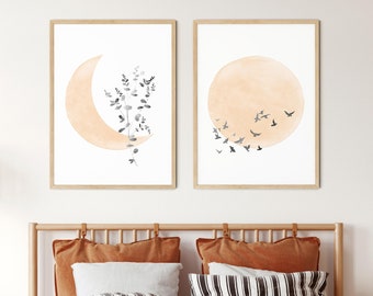 Boho Sun and Moon Print Set Of 2, Minimalist Moon Art, Flock of Birds, Boho Celestial Decor, Printable Wall Art, Bedroom Wall Decor