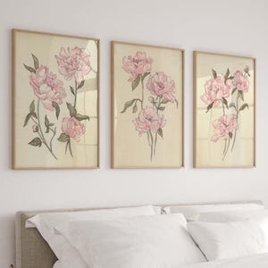 Vintage Floral Wall Art Set of 3 Soft Pastel Botanical Prints Minimalist Cottagecore Decor Retro-Inspired Nature Art Digital Download